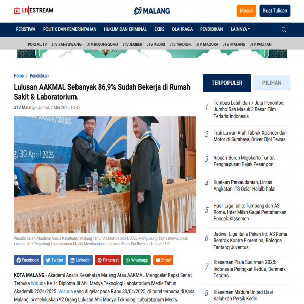 BREAKING NEWS: Lulusan AAKMAL Sebanyak 86,9% Sudah Bekerja di Rumah Sakit & Laboratorium.